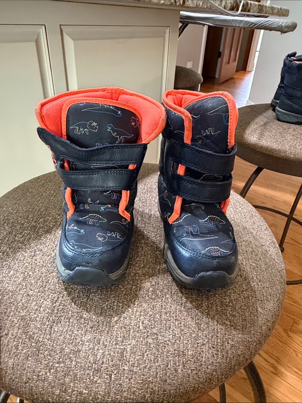 Toddler boy Navy and Orange Dinosaur light-up Snow Boots